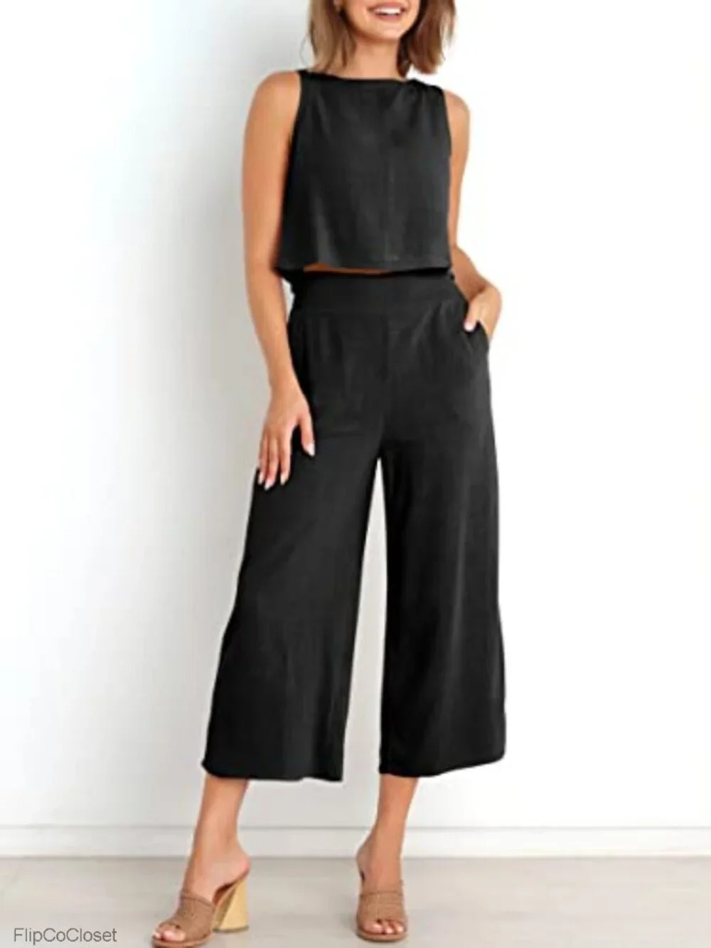 2 Piece Linen Set Women Summer Outfits Wide Leg Pant Crop